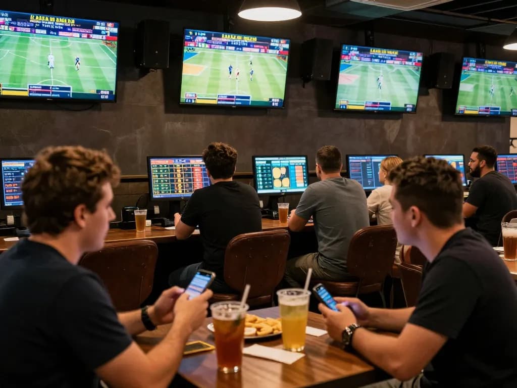 Fans engaging in sports betting at 32win in an exciting sports bar atmosphere.