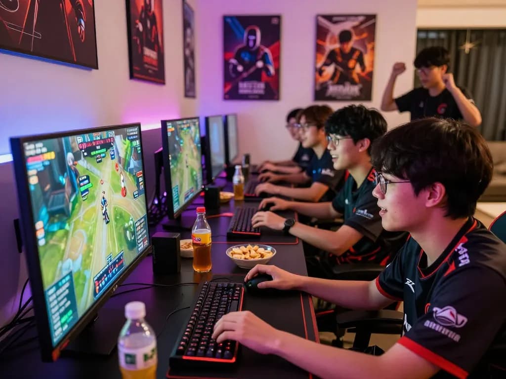 Exciting esports betting scene in Singapore with friends cheering during a tournament, showcasing Esports betting Singapore.