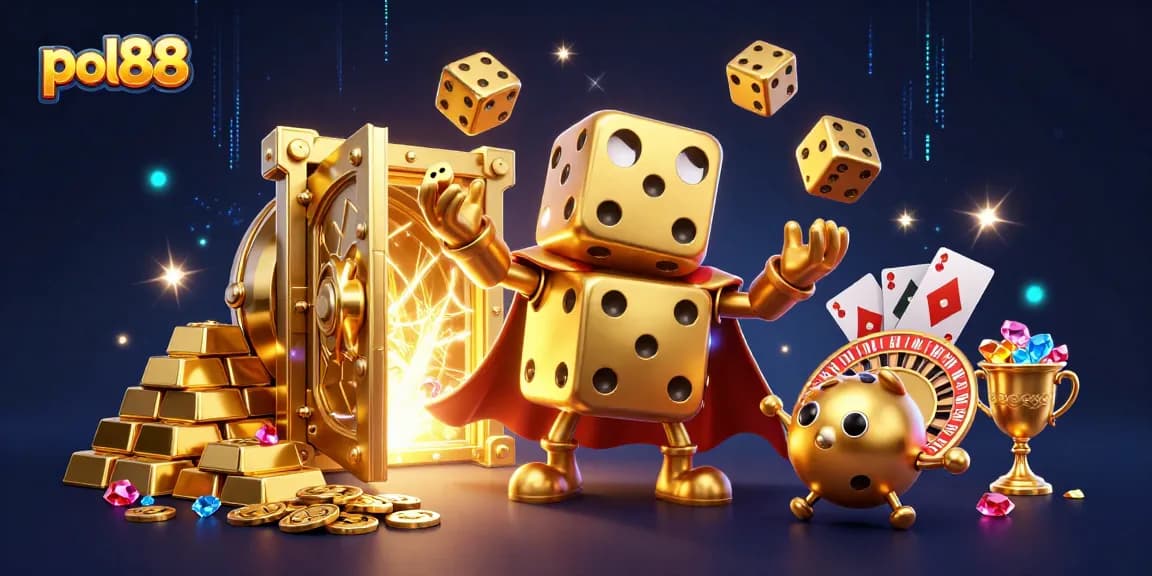 Mainkan pol88 dengan golem dadu emas yang menjulang, dikelilingi harta judi yang berkilauan.