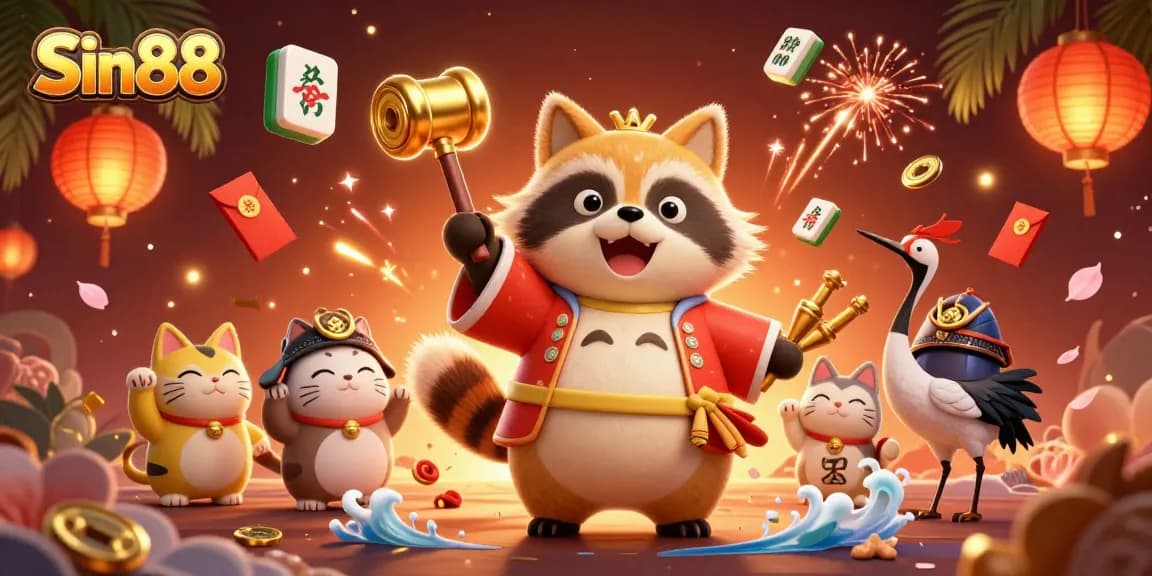 Spin winning reels at Sin88 with cheerful tanuki and lucky fortune cats celebrating