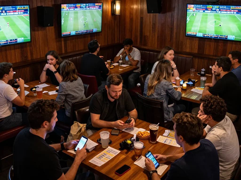 Patrons engaging in sports betting at a lively venue while using keonhacai app on their smartphones