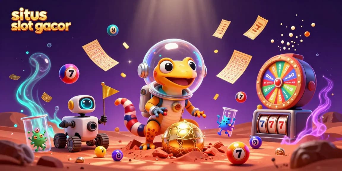 Engage in situs slot gacor excitement with a Martian gecko uncovering a golden casino amidst vibrant lottery elements.