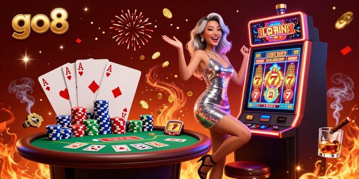 Experience the excitement of go8 with a stunning slot machine jackpot celebration surrounded by casino elements.