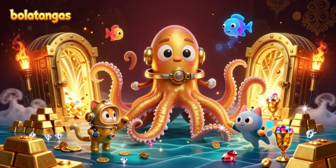Engage in thrilling bolatangkas adventures with a kraken, diving cat, and glowing fish in this vibrant casino scene.