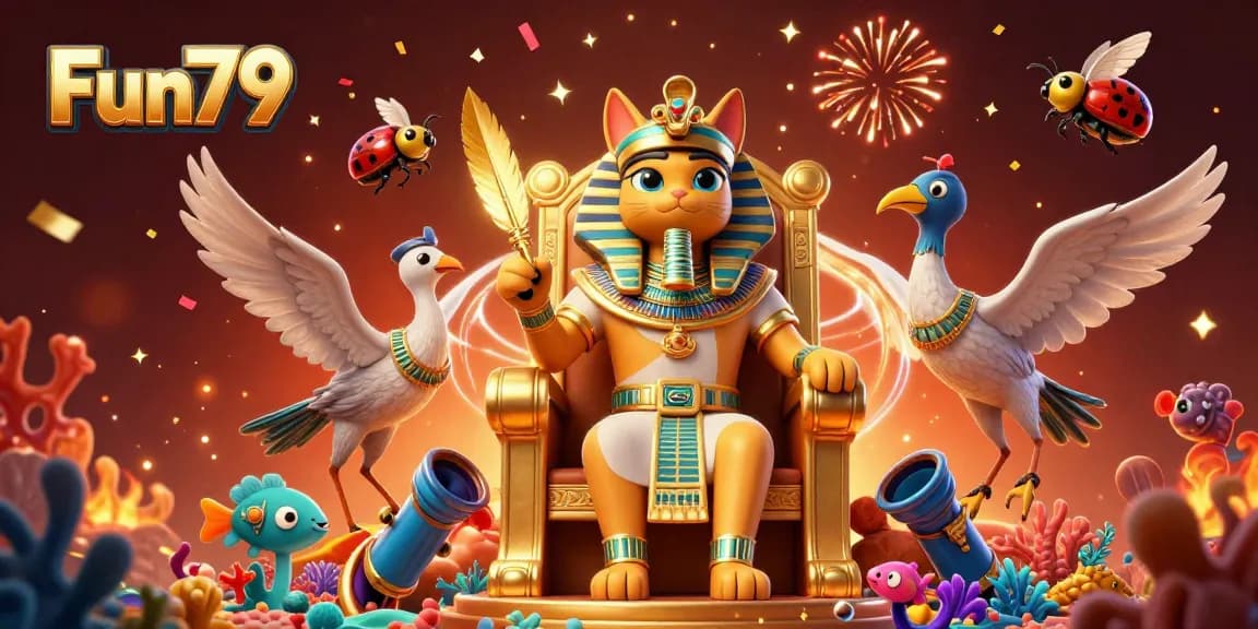 Fun79 features an engaging scene with a pharaoh cat and gaming elements that excite fishing game enthusiasts.