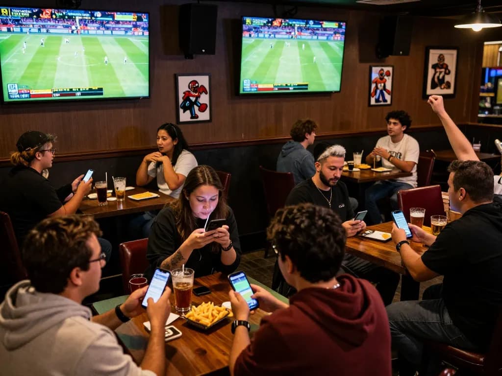 Patrons engaged in sports betting at a lively venue, showcasing excitement and the BetBet experience