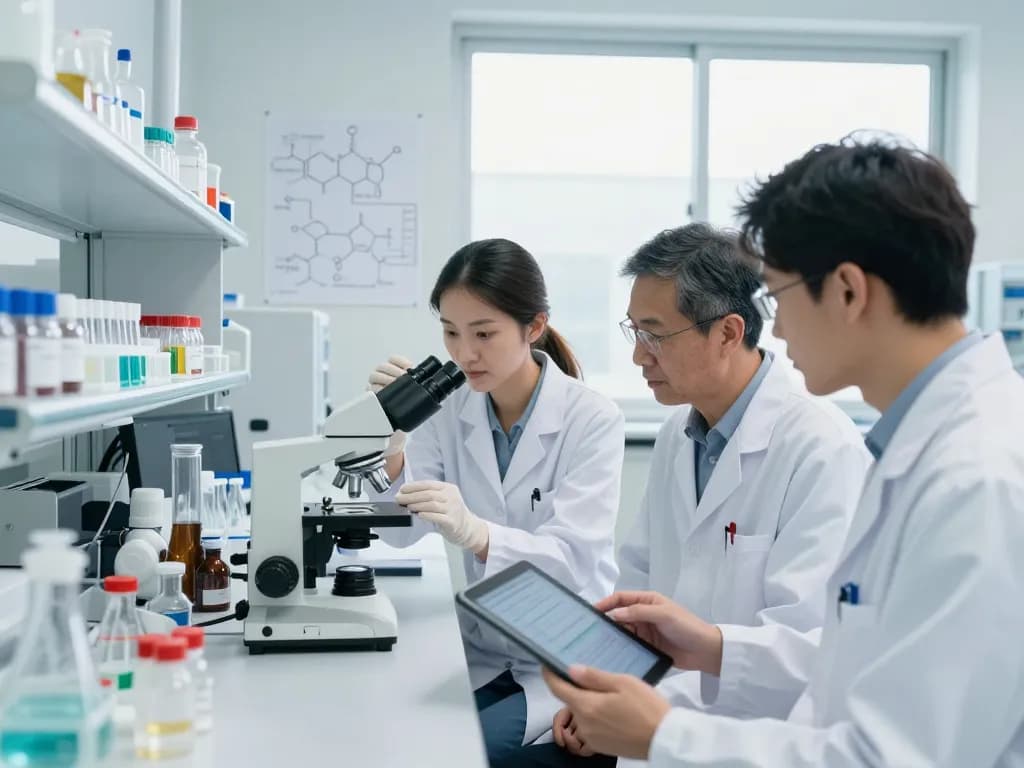 Scientists collaborating in a lab exemplifying EU cannabinoid manufacturer innovation and research.