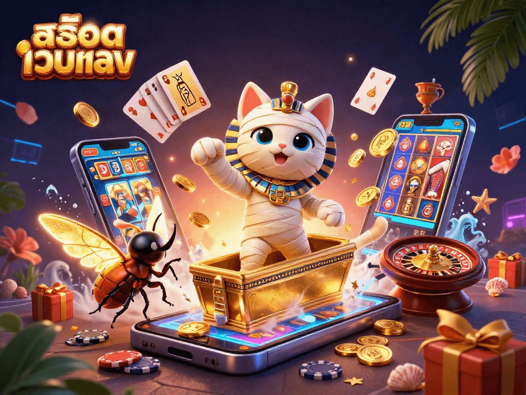 Win big with สล็อตเว็บตรง featuring a mummy cat and vibrant casino elements in a dynamic 3D scene.
