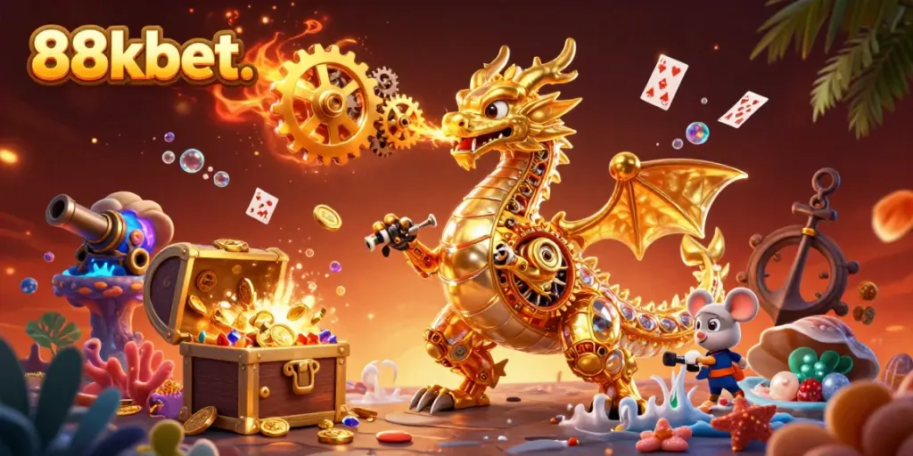 Win big with engaging 88kbet. showcasing a golden dragon and underwater treasures in a vivid casino scene.