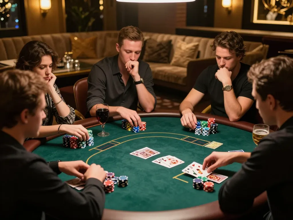 Players engaging in a high-stakes poker game at fly888, showcasing chips and cards in an upscale ambiance.