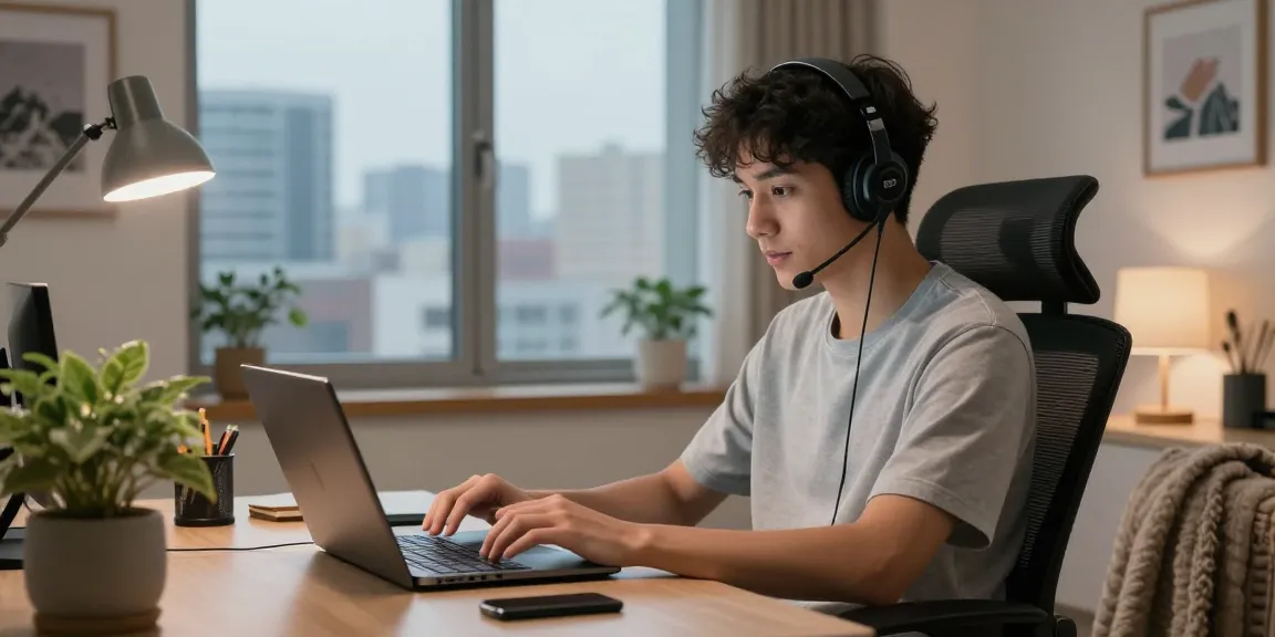 Engaging in sex AI chat in a modern home office setting.