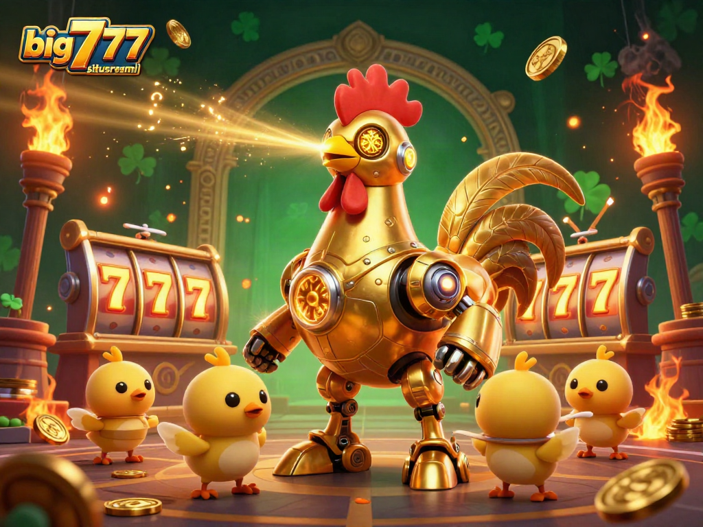 Engage with big777situsresmi in a vibrant 3D casino scene featuring a golden rooster robot amid slot reels.
