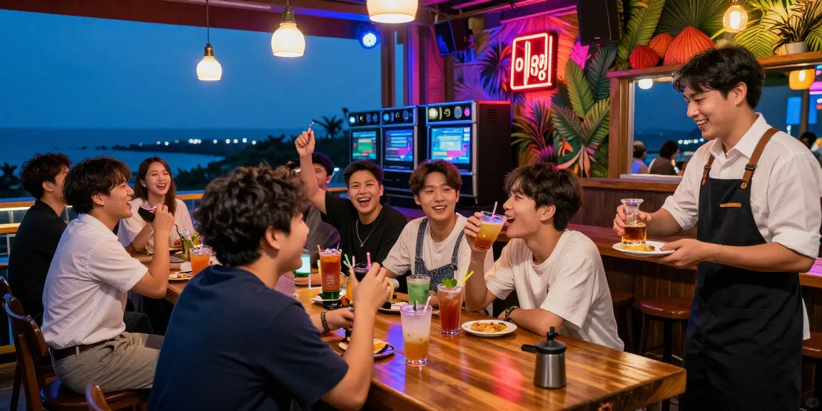 Dynamic 제주유흥 nightlife atmosphere with friends celebrating at a lively bar.