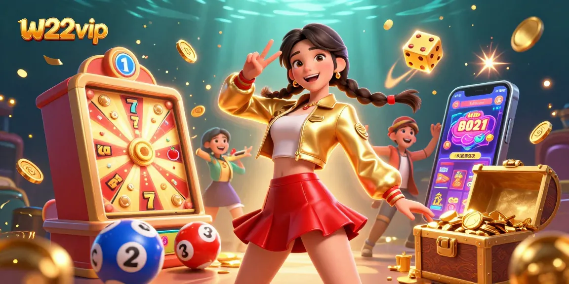 w22vip offers vibrant casino gaming experience with stunning Asian characters, lottery balls, and dynamic slot machines.