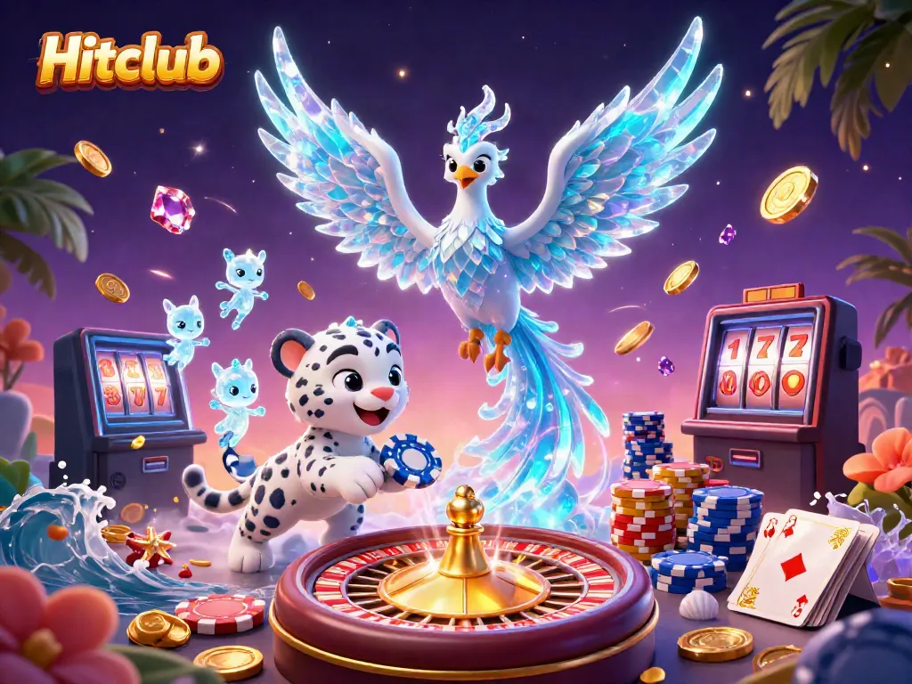 Hitclub showcases a vibrant casino scene with an ice phoenix, sparkling gems, and colorful poker elements.