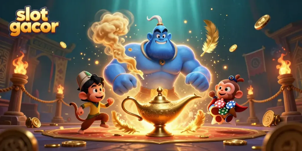 Engage in slot gacor excitement with genie magic, coins, and vibrant casino elements.