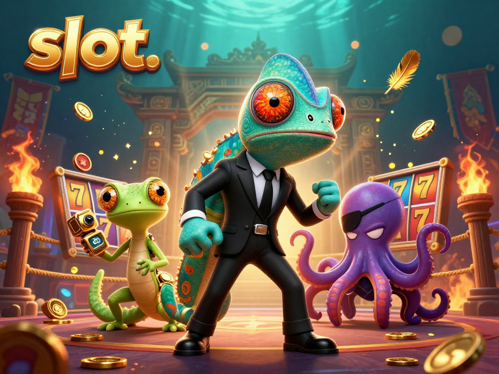 Engage with slot excitement in an energetic scene featuring a colorful chameleon, techy gecko, and a villainous octopus.