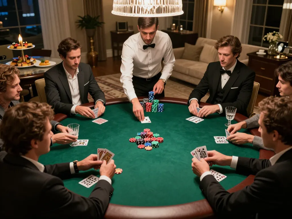 Intense poker showdown at home with players strategizing closely while using go8 tactical gameplay.