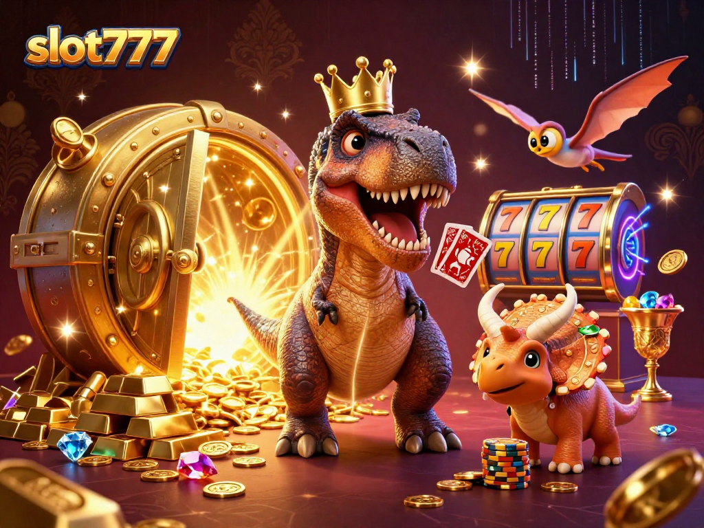 Engage with slot777 at a vibrant casino scene featuring a T-Rex shuffling cards and playful characters.