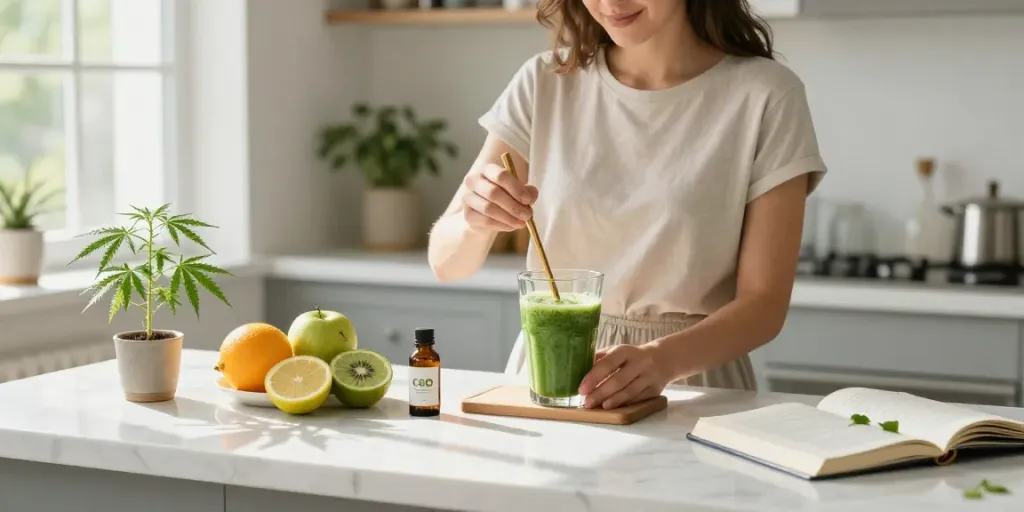 Where to buy weed brownies in the UK? Enjoying CBD oil amidst fresh ingredients in a wellness-focused kitchen.