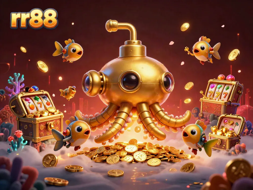 Experience winning moments at rr88 with 3D kraken submarine and animated slot elements in a treasure-filled scene.