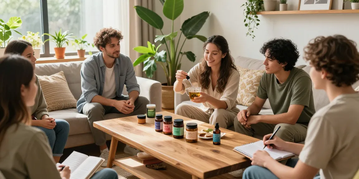 Ministry of Cannabis wellness gathering with CBD oils and hemp snacks, promoting natural health.