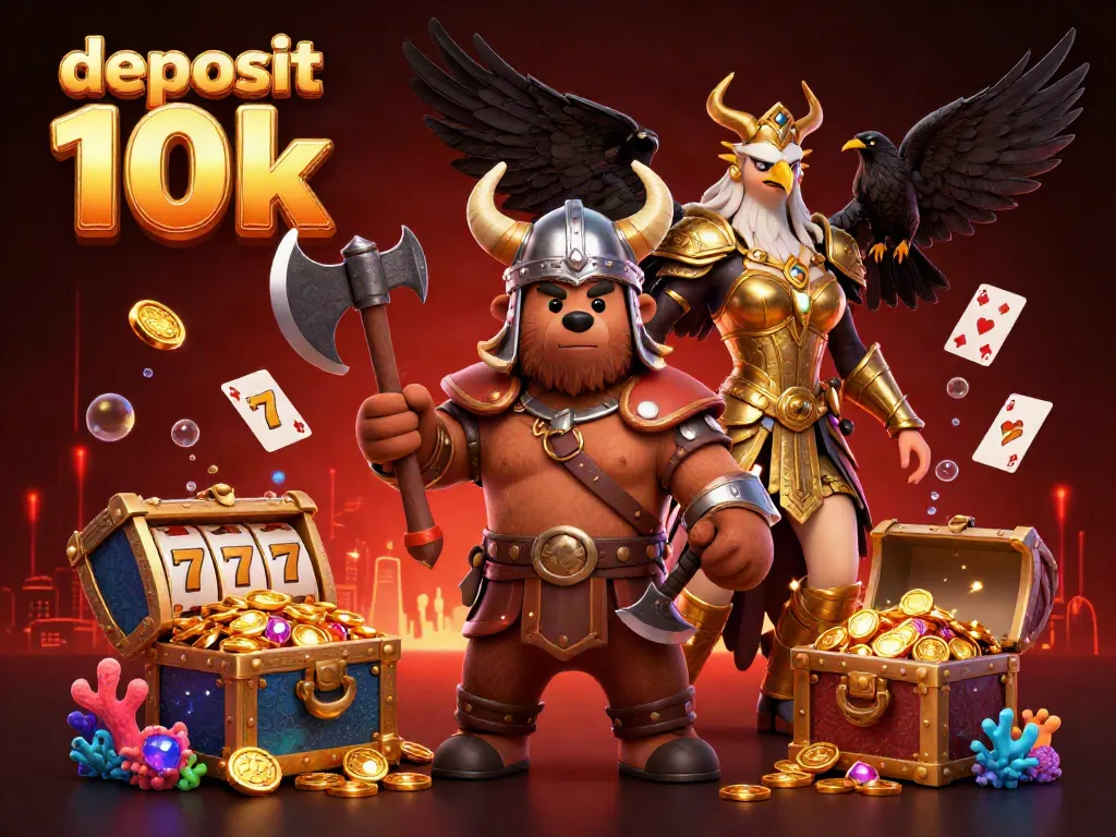 Melakukan taruhan slot seru dengan deposit 10k melalui ilustrasi karakter Viking dan elang.