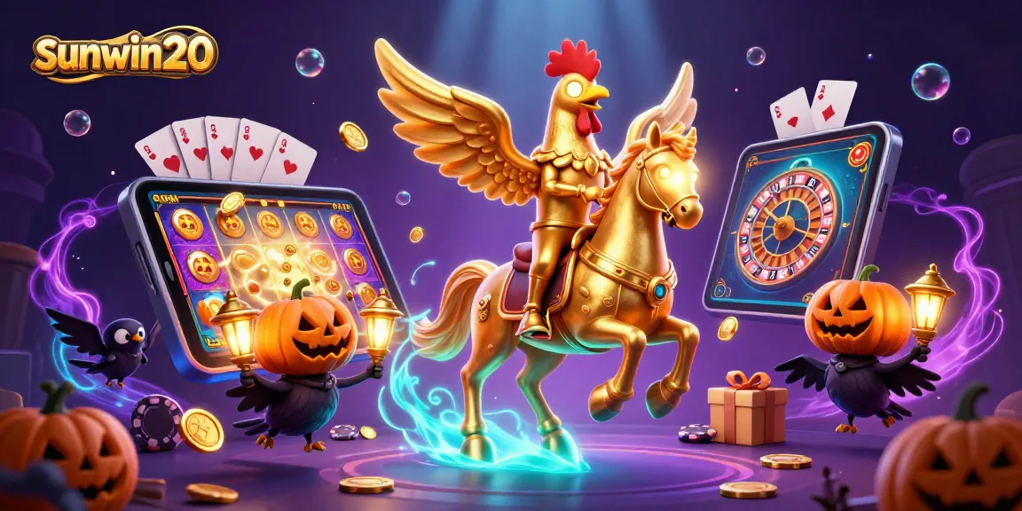Experience the excitement of sunwin20 with a golden rooster and spectral horse in a vibrant casino scene.
