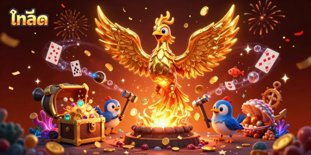 Experience ไทย สล็อต with a vibrant scene featuring a molten golden phoenix and dazzling casino elements.