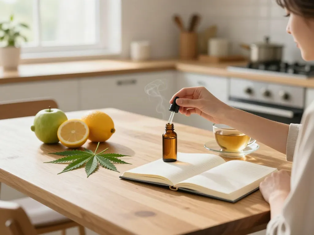 cheap shatter canada wellness scene with CBD oil, hemp leaves, and healthy morning essentials