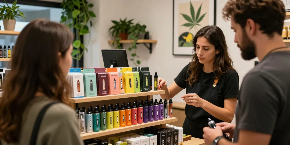 Buy Prefilled Vape Cartridges Online Europe with vibrant products in a modern cannabis shop.