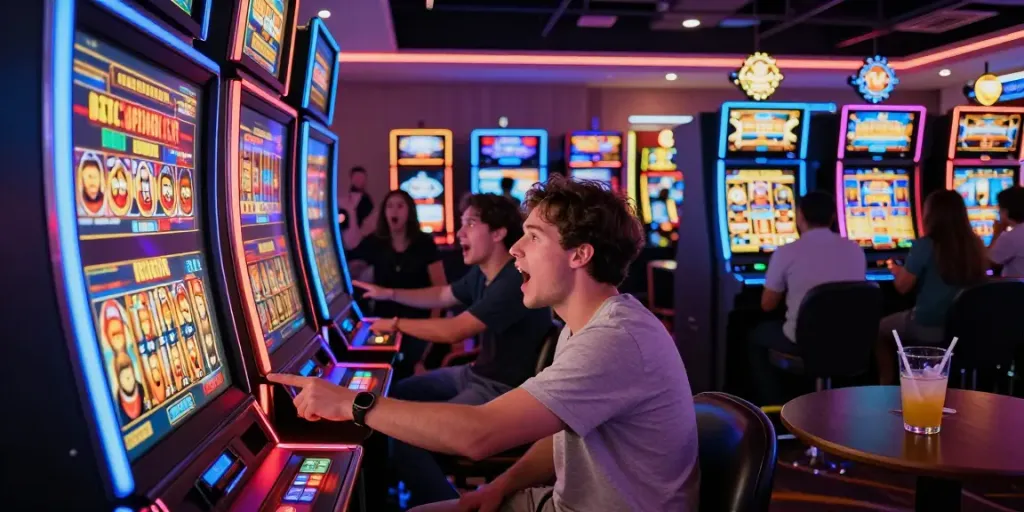 Exciting gaming scene at luxury12 casino with vibrant slot machines and enthusiastic players.