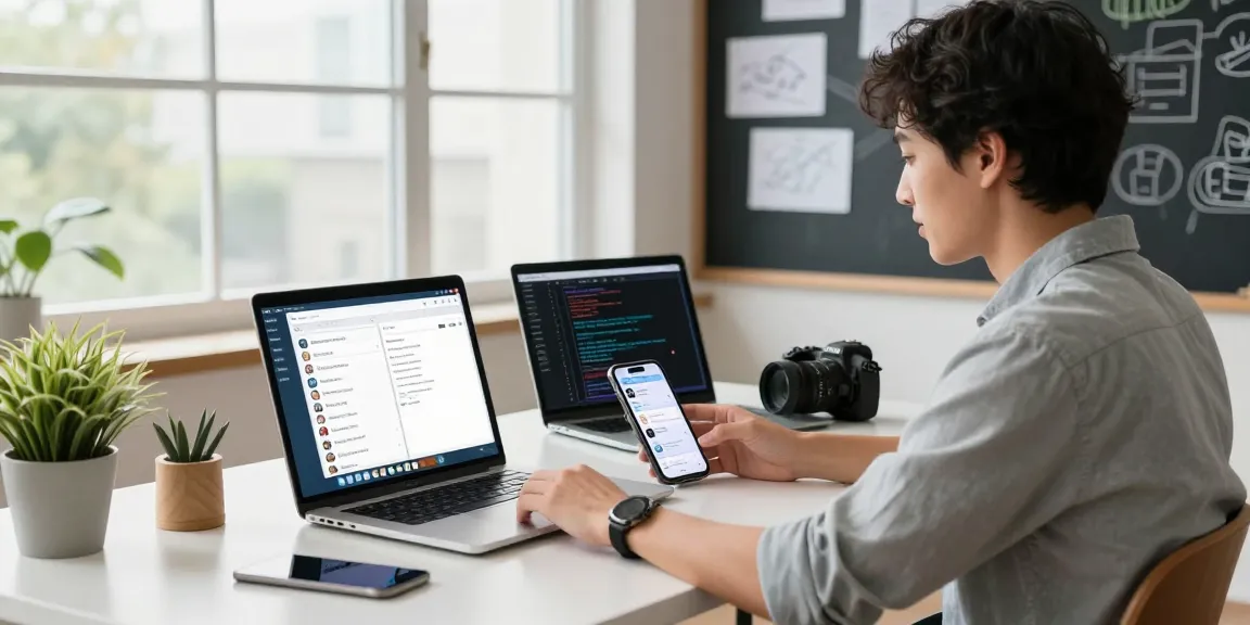 Telegram中文版下载 on multiple devices in a sleek modern workspace.