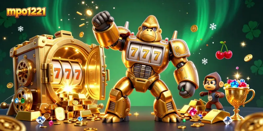 Engage with mpo1221's thrilling slot experience featuring a golden gorilla mech and treasure elements.