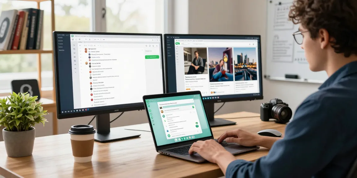 A user interacting with WhatsApp電腦版 in a modern workspace filled with tech accessories and natural light.