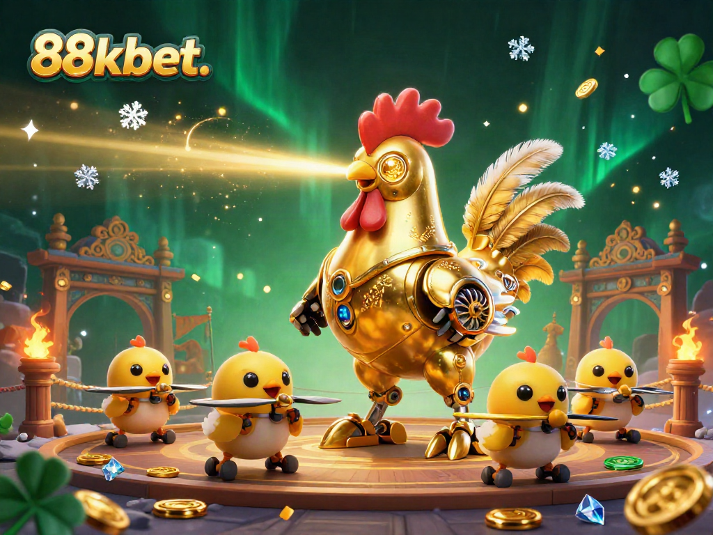 88kbet. features a golden rooster robot and baby chick drones in a vibrant casino battle scene.