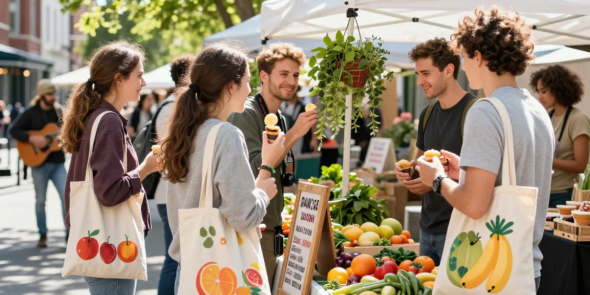 Group enjoying a vibrant outdoor market experience, discovering fresh produce and handmade goods, promoting community engagement and sustainability through shopping.