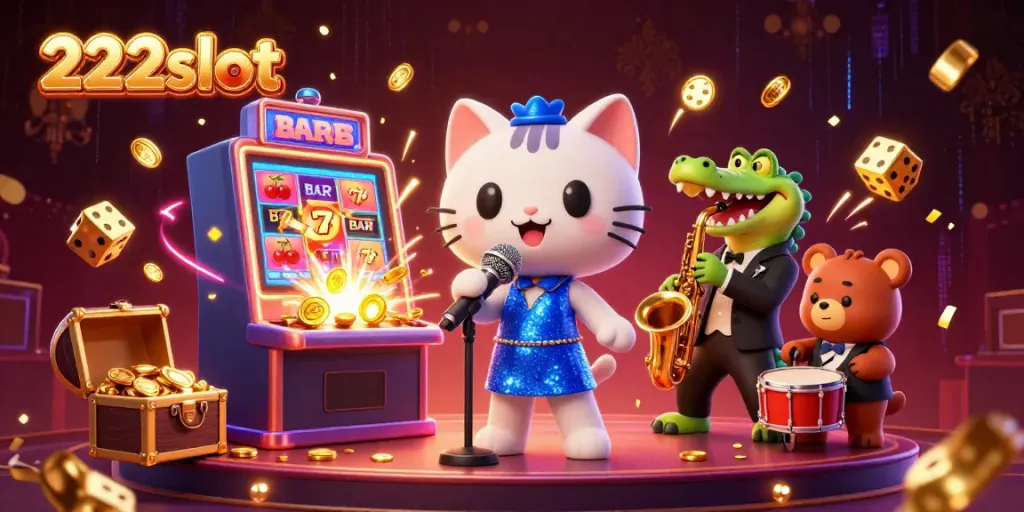 Memainkan slot jackpot yang berkilauan di 222slot, bersama karakter kucing penyanyi jazz.
