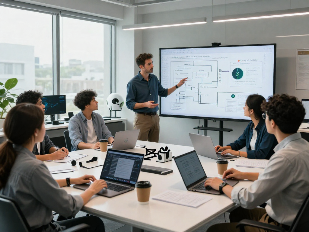 Collaborative AI image detector team analyzing data in a bright tech office.
