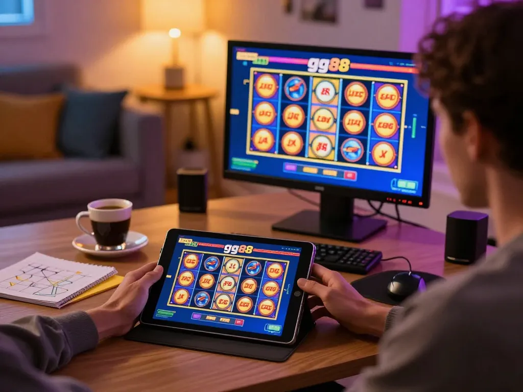 Playing gg88 slot on a tablet in a cozy home setting with vibrant reels and strategy notes.