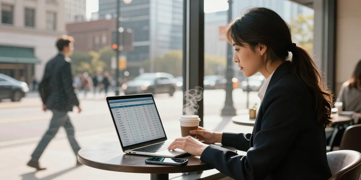 Focused woman at café reviewing 시카고페이 transaction data with city backdrop.
