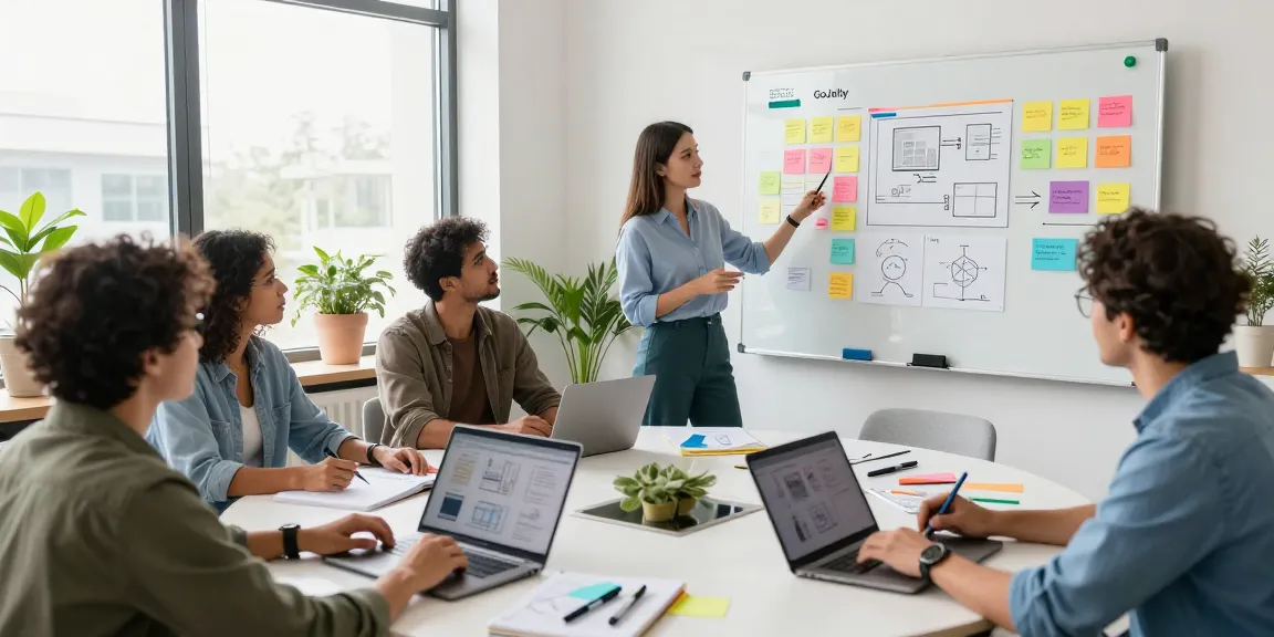Collaborative team using mixboard for creative project planning in a modern office space.