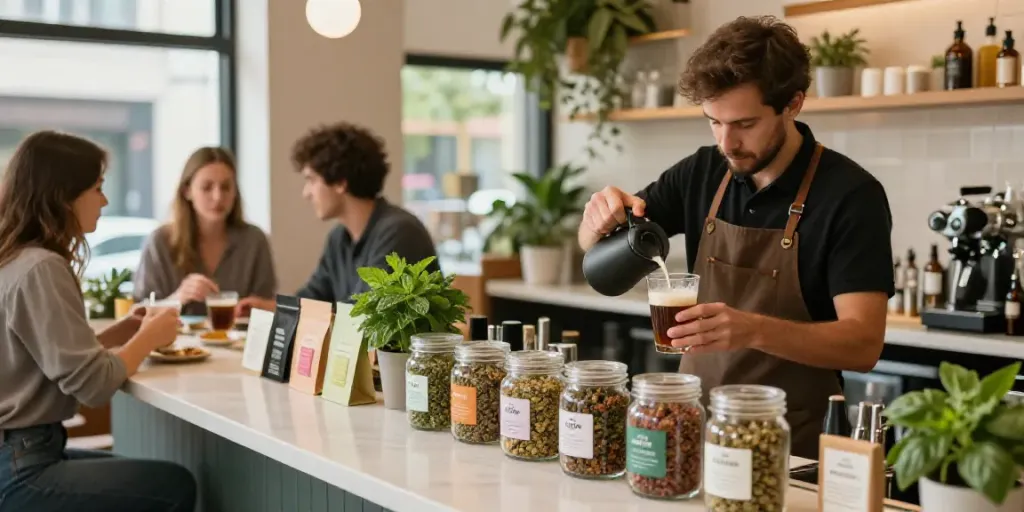 CBD Blüten kaufen at a vibrant café showcasing various strains and fresh products.