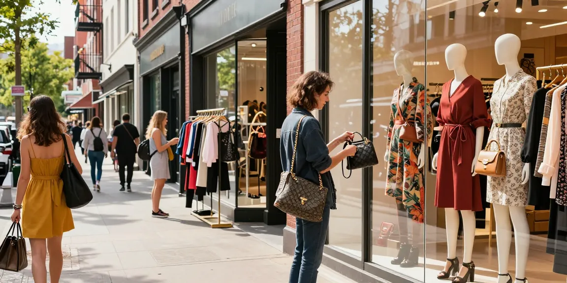 Engaging scene at a 레플리카 쇼핑몰 with customers browsing premium replica fashion items in an urban setting.