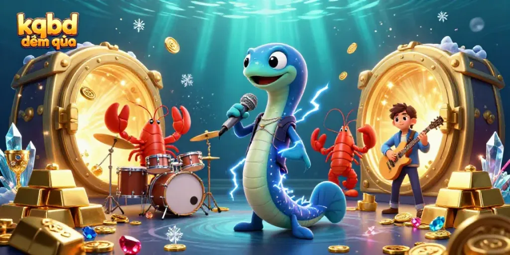 Experience kqbd đêm qua with a vibrant underwater casino scene featuring electric eel, lobster drummer, and seahorse guitarist.