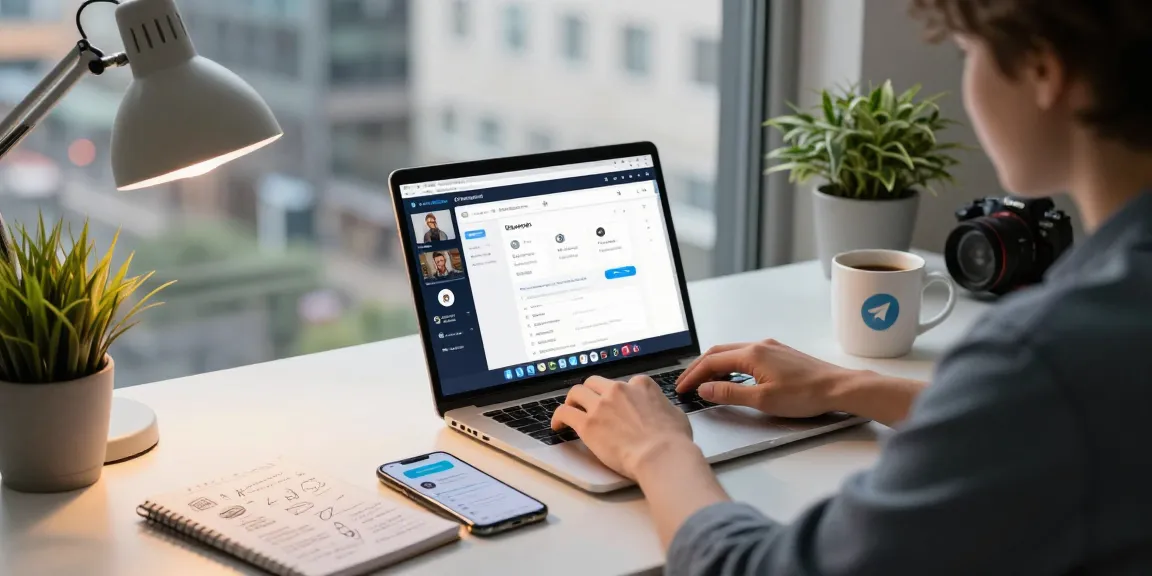 Person engaging on Telegram Web Version at a sleek workspace, highlighting efficient remote communication.