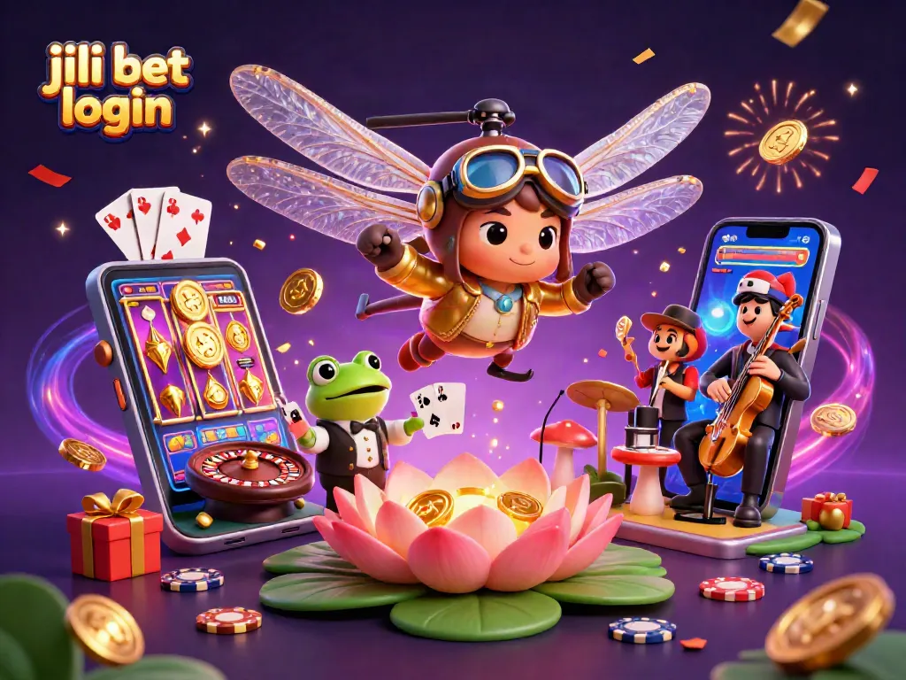 Engage with jili bet login at a vibrant lily pad casino featuring a dragonfly pilot and frog croupier.