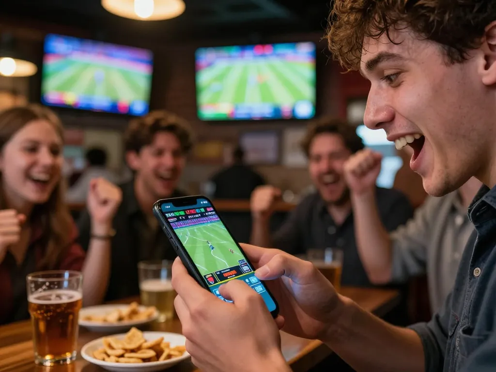 Excited bettor using lc88 app to place live bets in a lively sports bar.