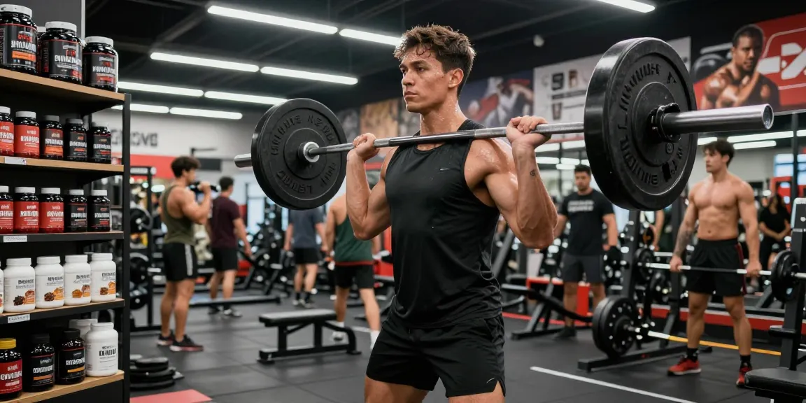 Athletic individual training at a gym representing Unique Pharma Steroid Shop with fitness supplements in a vibrant atmosphere