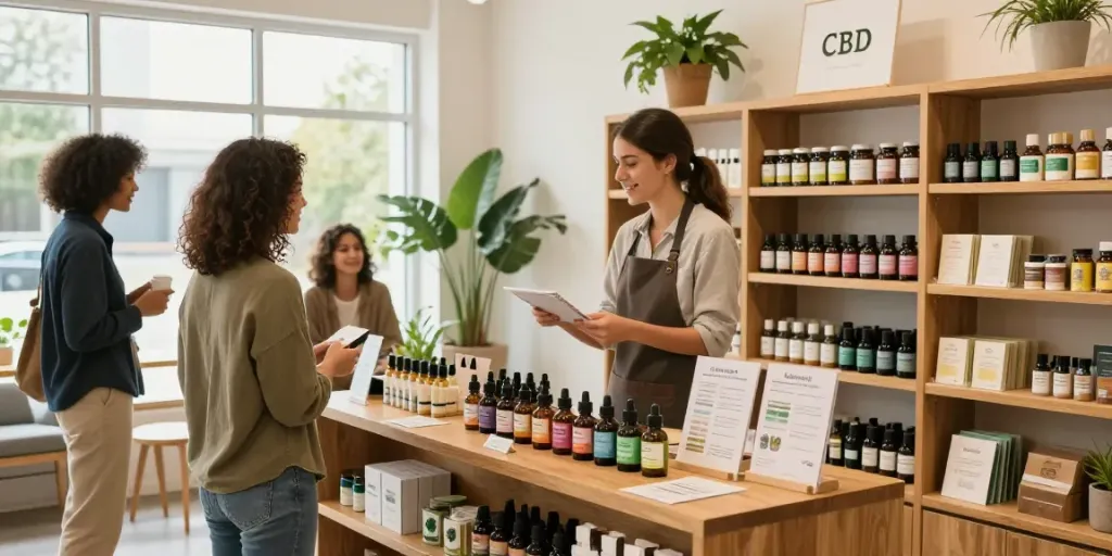 Welcoming CBD shop potsdam with staff assisting customers in a bright, inviting atmosphere.